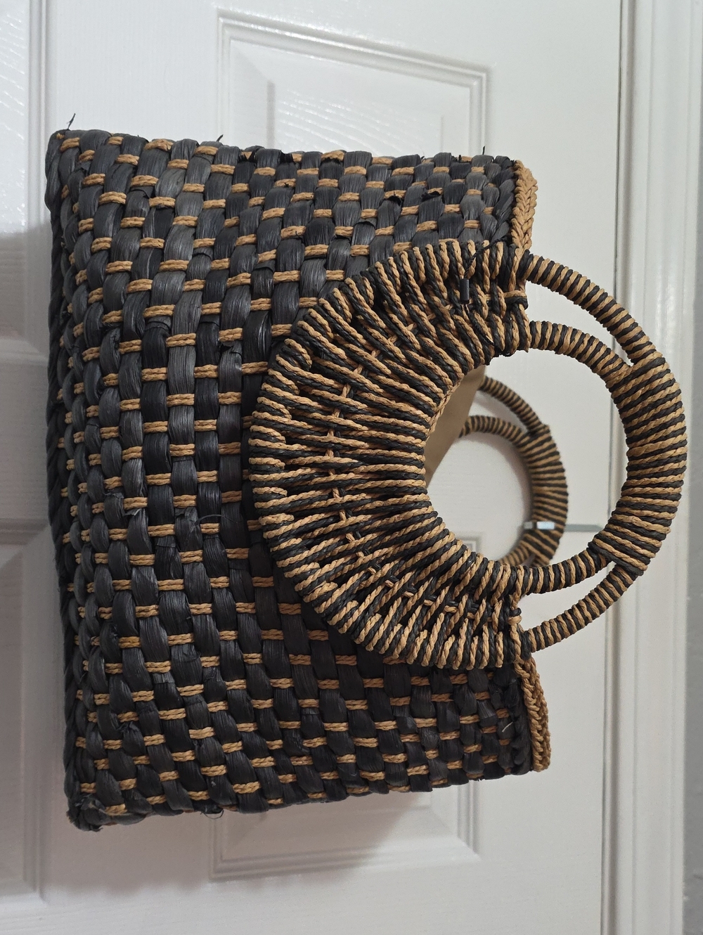 Zara Black and Tan Woven Round-Handle Tote